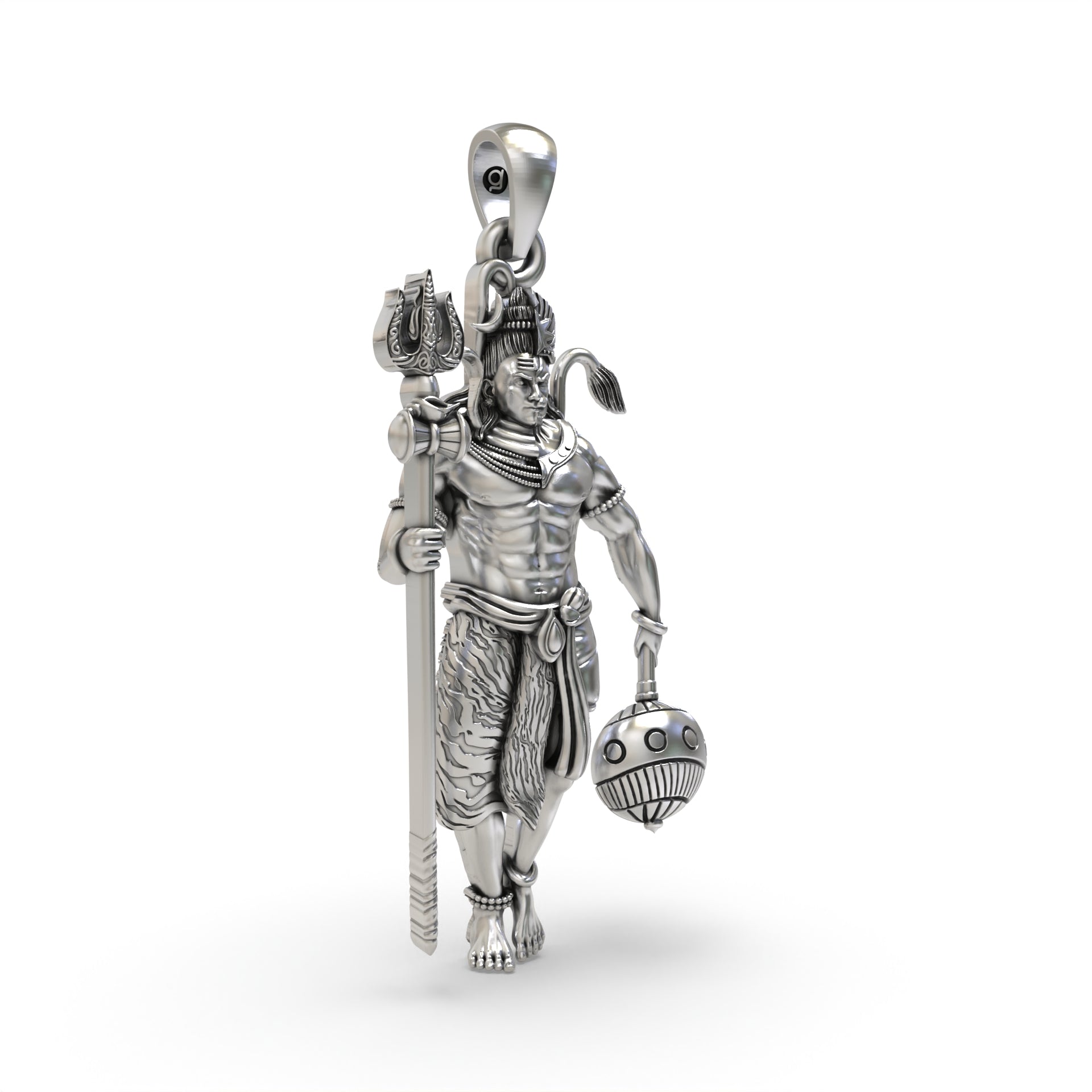 Close-up detail of the intricately carved faces on the 925 sterling silver Shiv and Hanumanji god pendant.