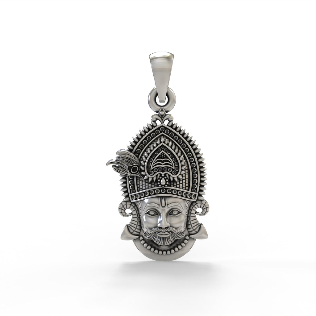 Front view of the oxidized 925 sterling silver Khatu Shyam pendant, showcasing the detailed craftsmanship and divine form.