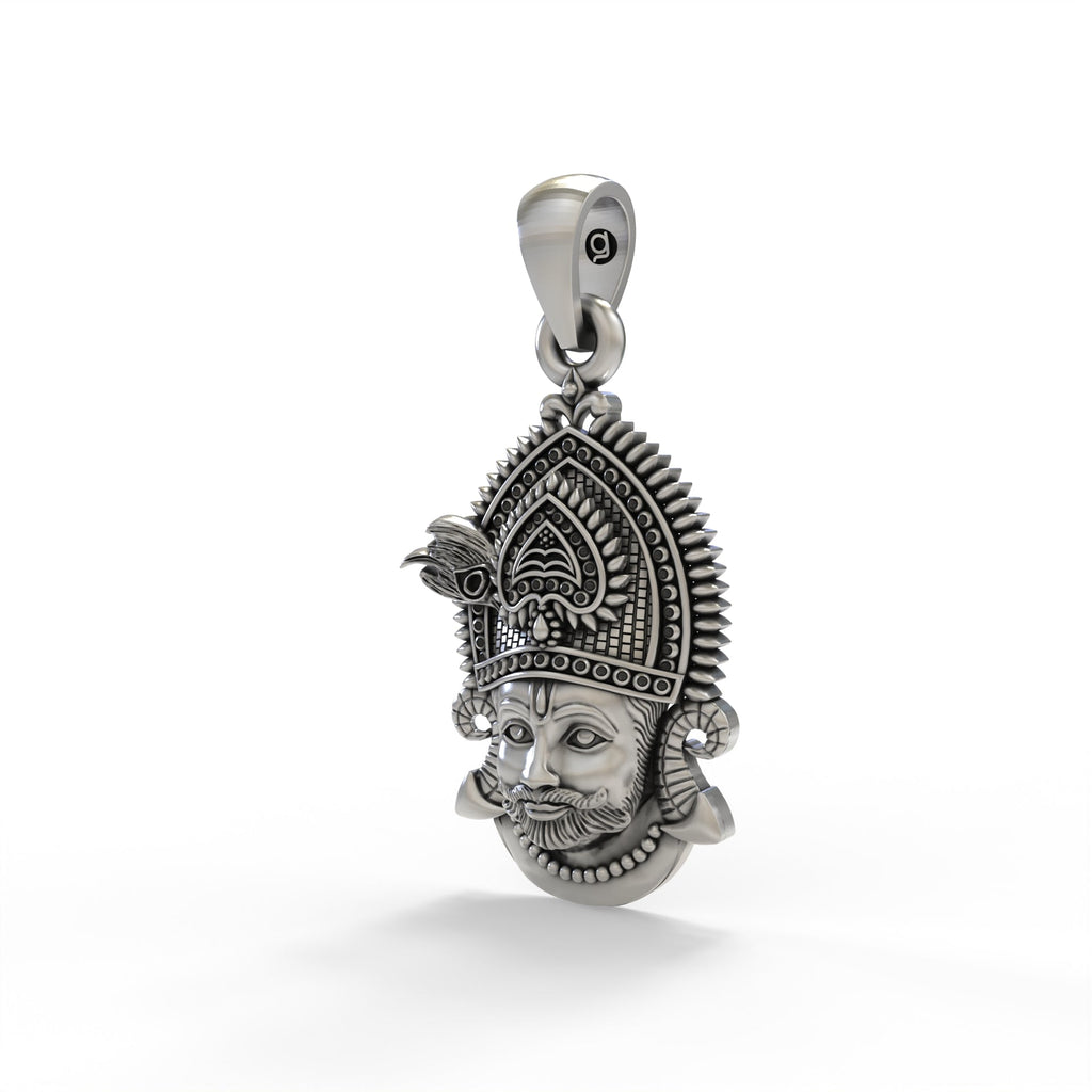 Angled view of the Khatu Shyam Ji 925 silver pendant, highlighting its unique oxidized finish and intricate details.