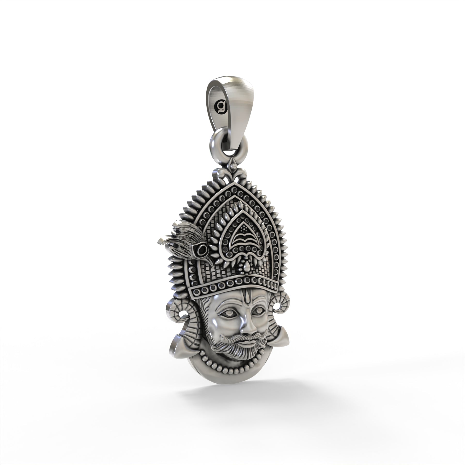Close-up detail of the sterling silver Khatu Shyam God pendant, showing the antique oxidized texture and fine features.
