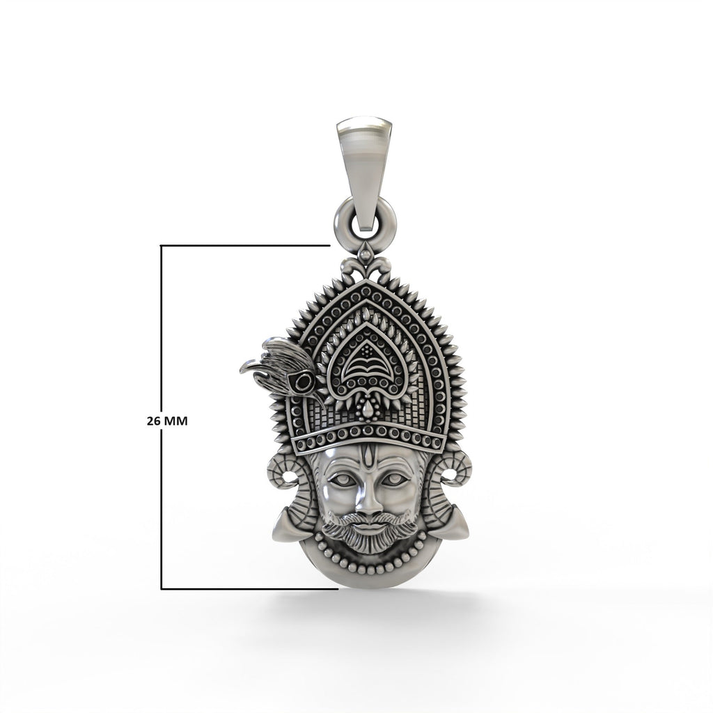 The 25mm Khatu Shyam 925 silver pendant shown with dimensions to illustrate its size, ideal for daily devotional wear.
