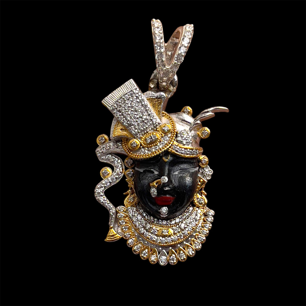 Front view of the 925 Silver Shrinathji Face Pendant, showcasing the vibrant premium enamel and detailed diamond work.