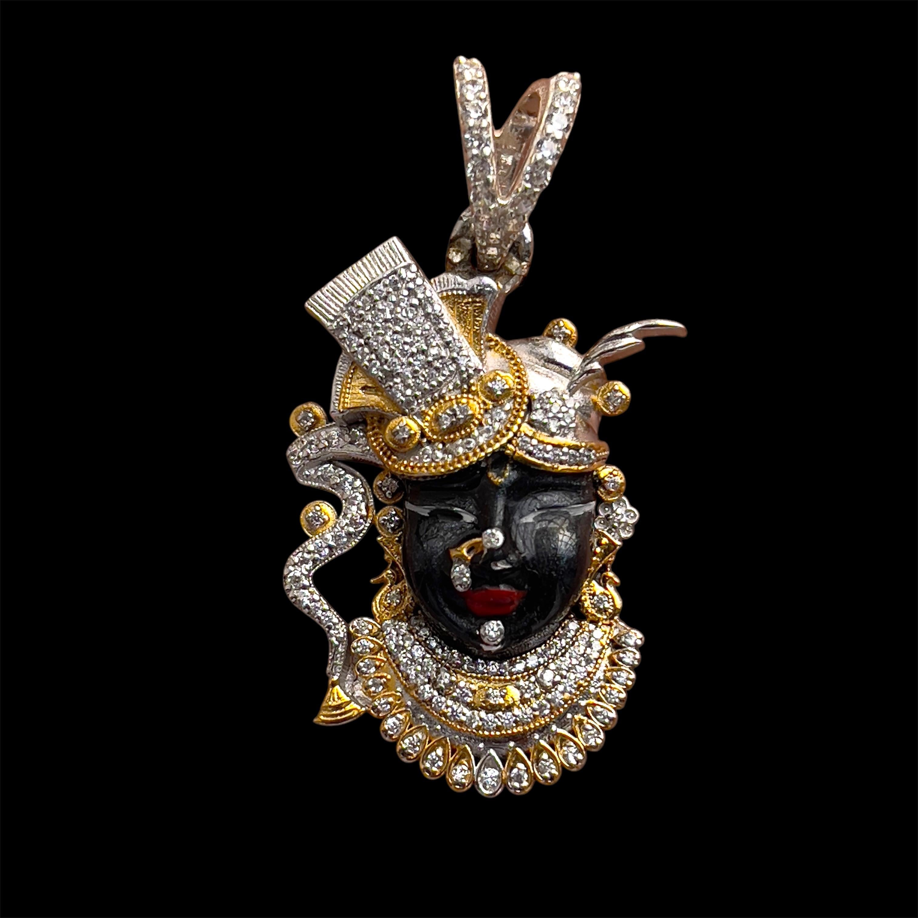 Front view of the 925 Silver Shrinathji Face Pendant, showcasing the vibrant premium enamel and detailed diamond work.