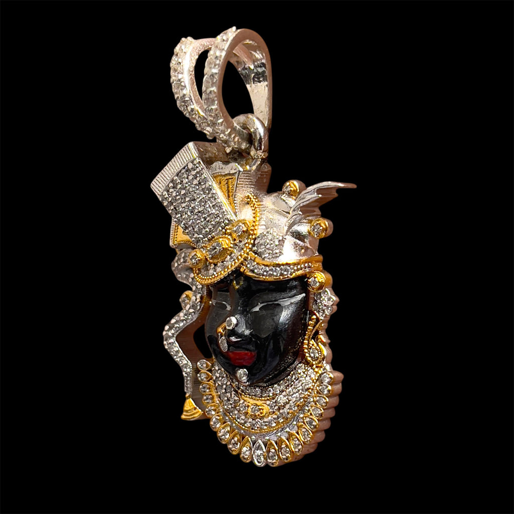 Side profile of the 925 Silver Shrinathji Face Pendant, showing its hollow back design for lightweight comfort.