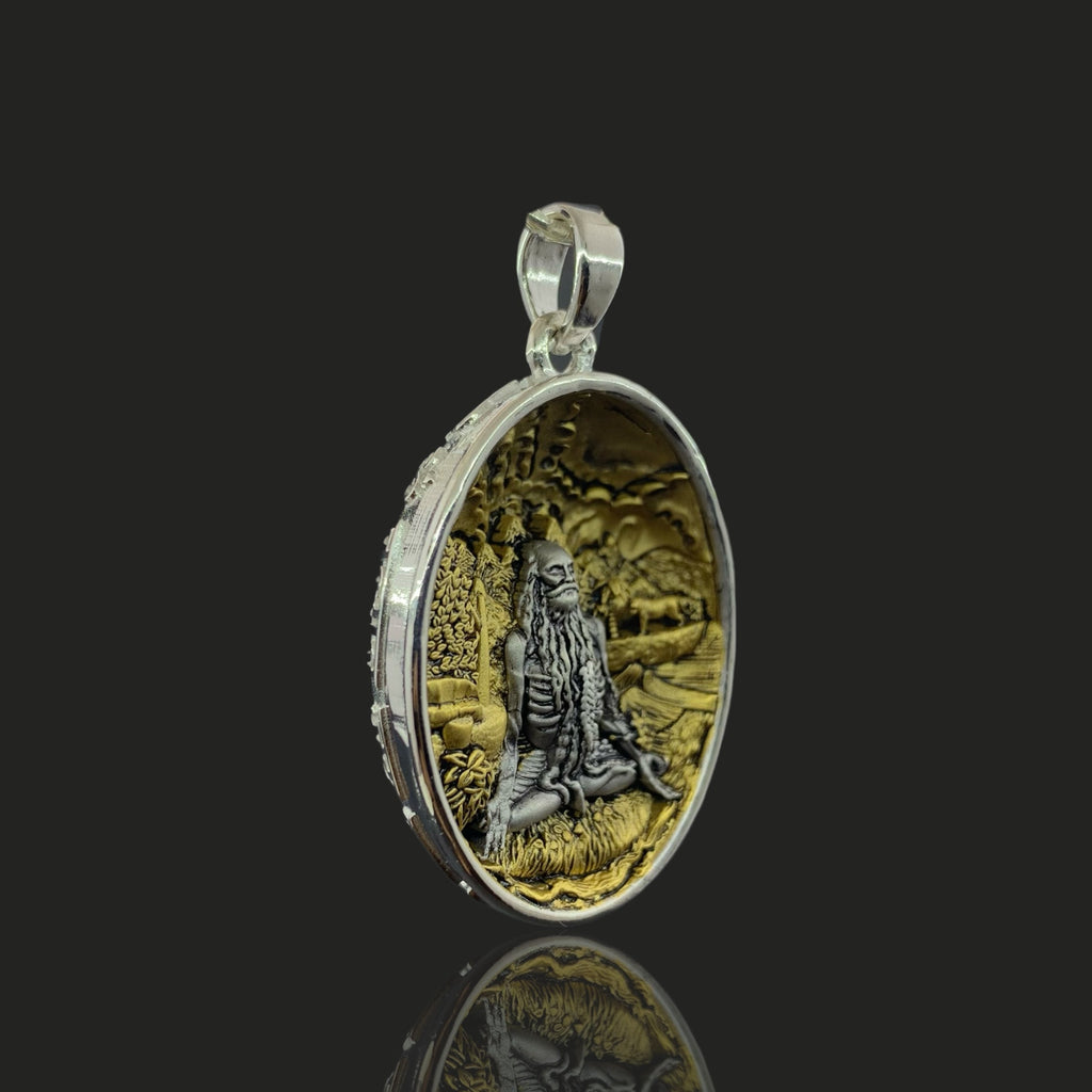 Close-up detail of the spiritual VaghNath Bapu silver charm showing antique oxidized polishing.