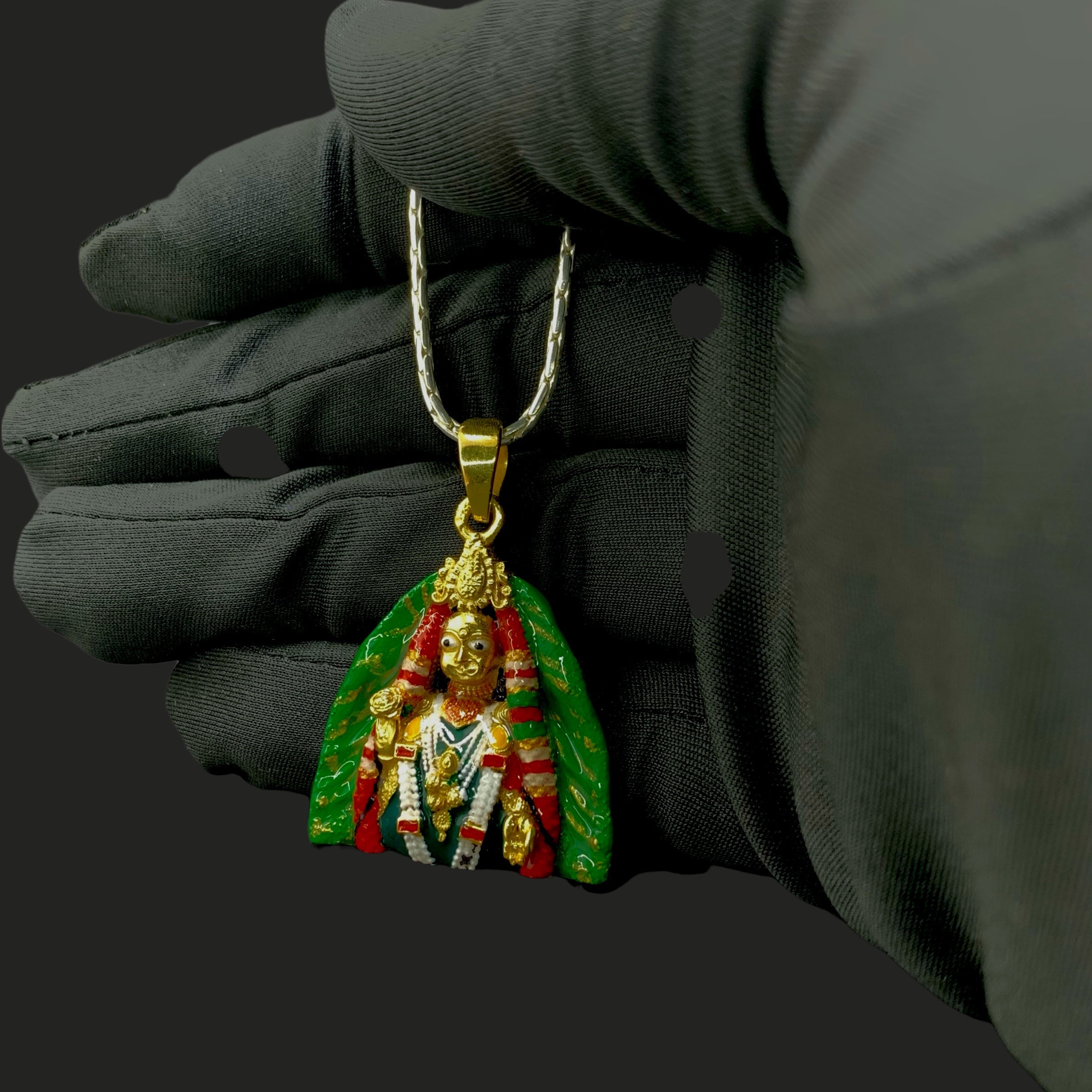 Front view of the 925 sterling silver Barsana Radha Rani pendant featuring vibrant Mina enamel work.