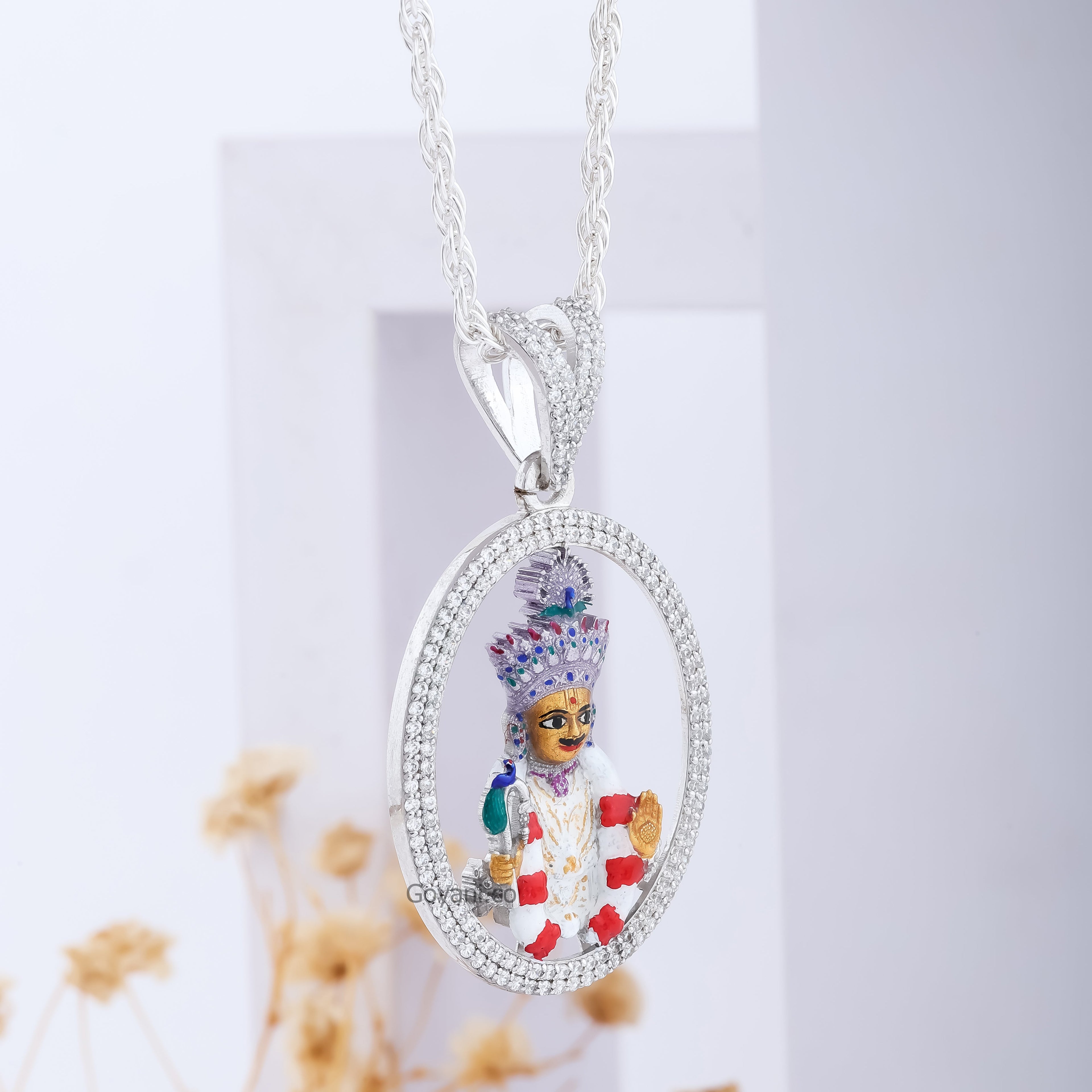 A close-up of the Harikrishna Maharaj Diamond Pendant, highlighting the premium brilliant-cut diamonds on 925 silver.