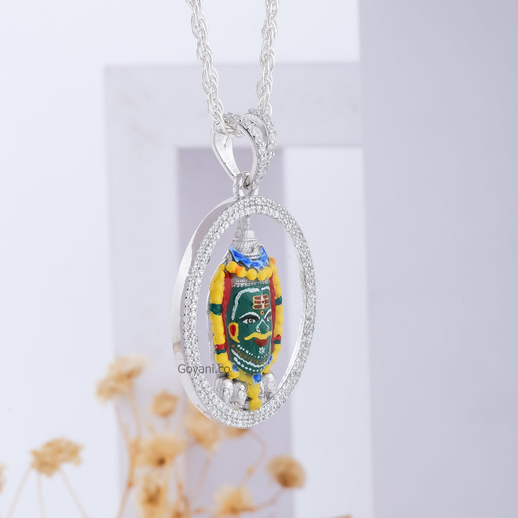 A detailed close-up of the Silver Ujjain Mahakaleshwar Pendant, highlighting the brilliant-cut diamonds.