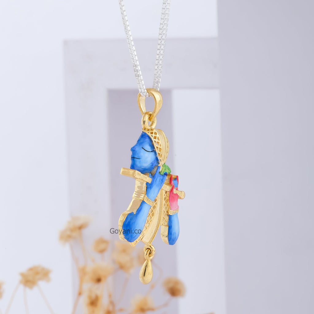 An angled view of the divine 925 silver Krishna pendant, highlighting its spiritual design and lustrous material.