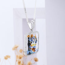 A close-up of the Kali Maa diamond pendant, highlighting the brilliant diamonds set in high-polish 925 silver.