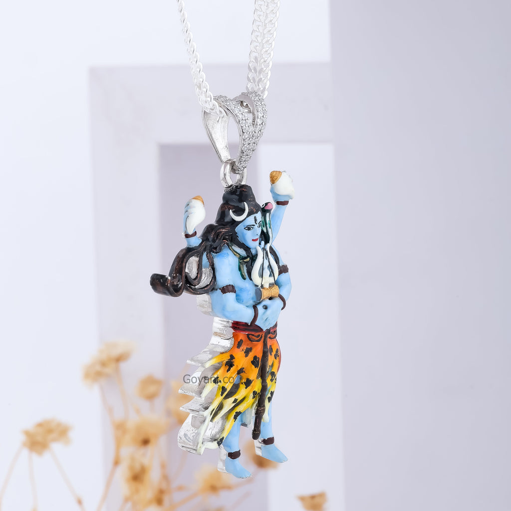 A close-up shot of the Silver Mahadev Pendant highlighting the intricate craftsmanship and spiritual design.