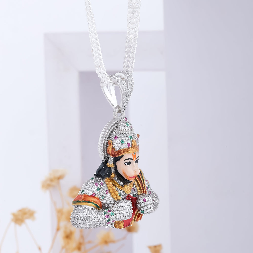 Studio shot of the 925 silver Hanumanji pendant against a plain background, displaying its brilliant shine and detail.