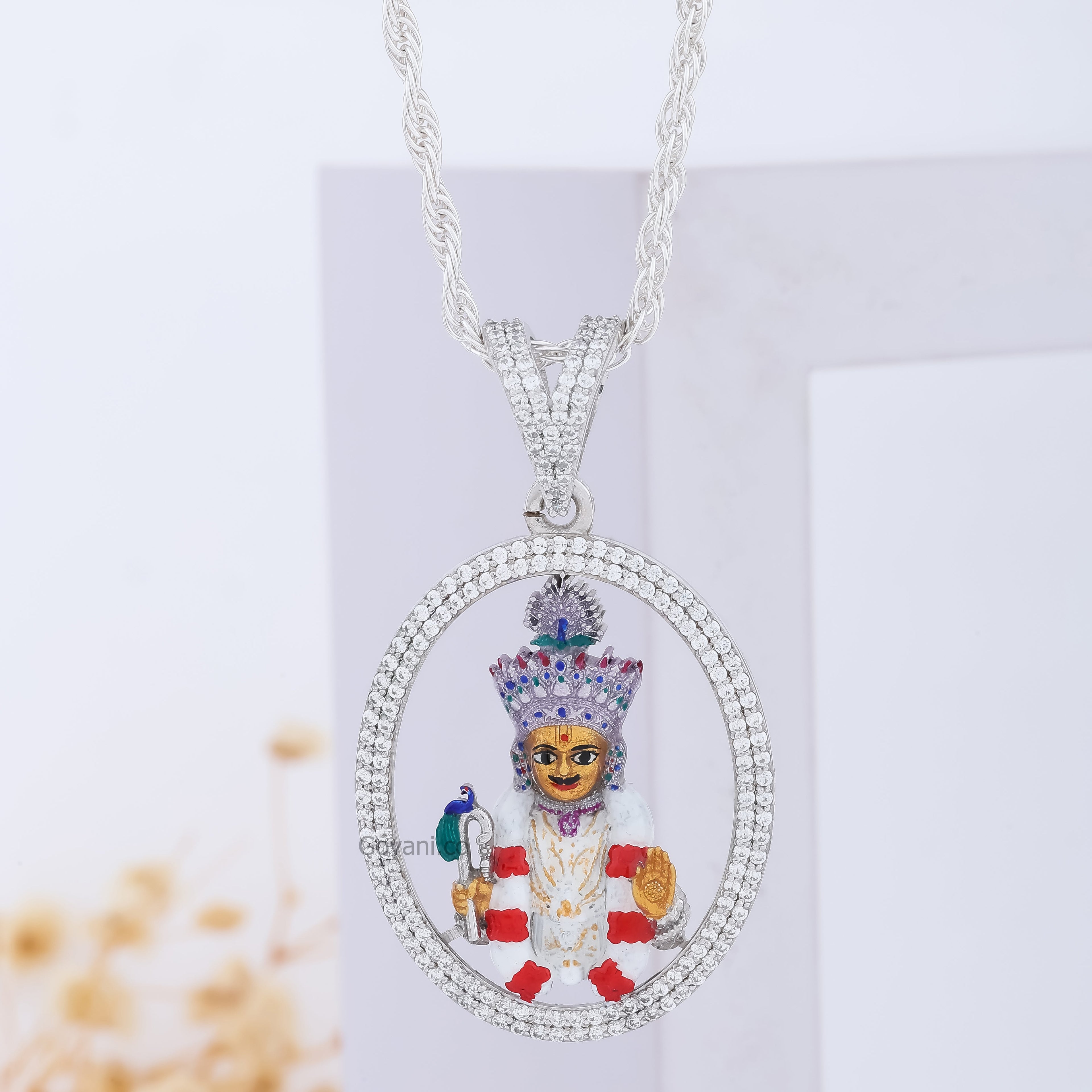 Front view of the 925 Silver Harikrishna Maharaj Diamond Pendant, showing the intricate deity design and polished finish.