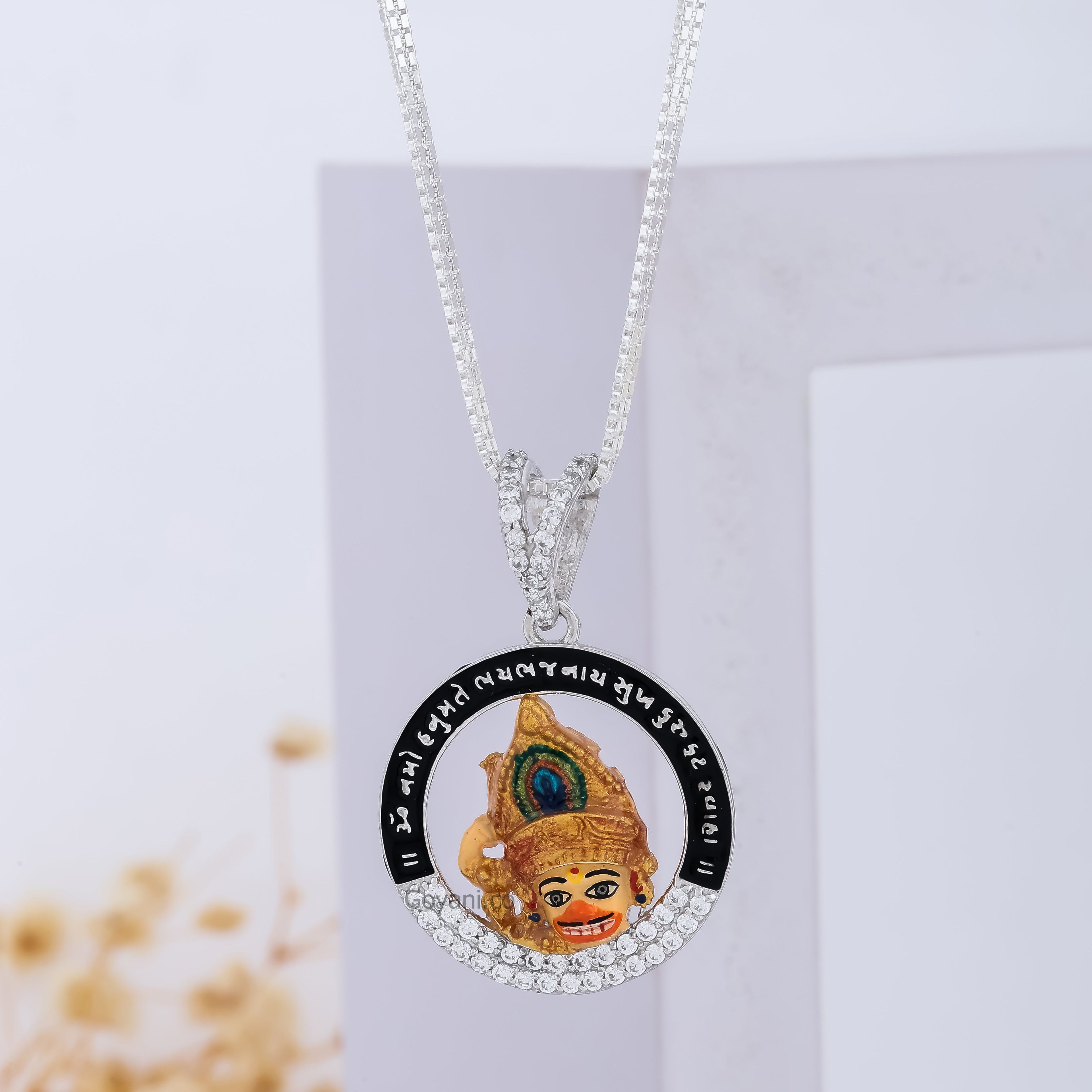 Front view of the 925 Silver Sarangpur Kastbhanjan Hanumanji Diamond Pendant against a clean background.