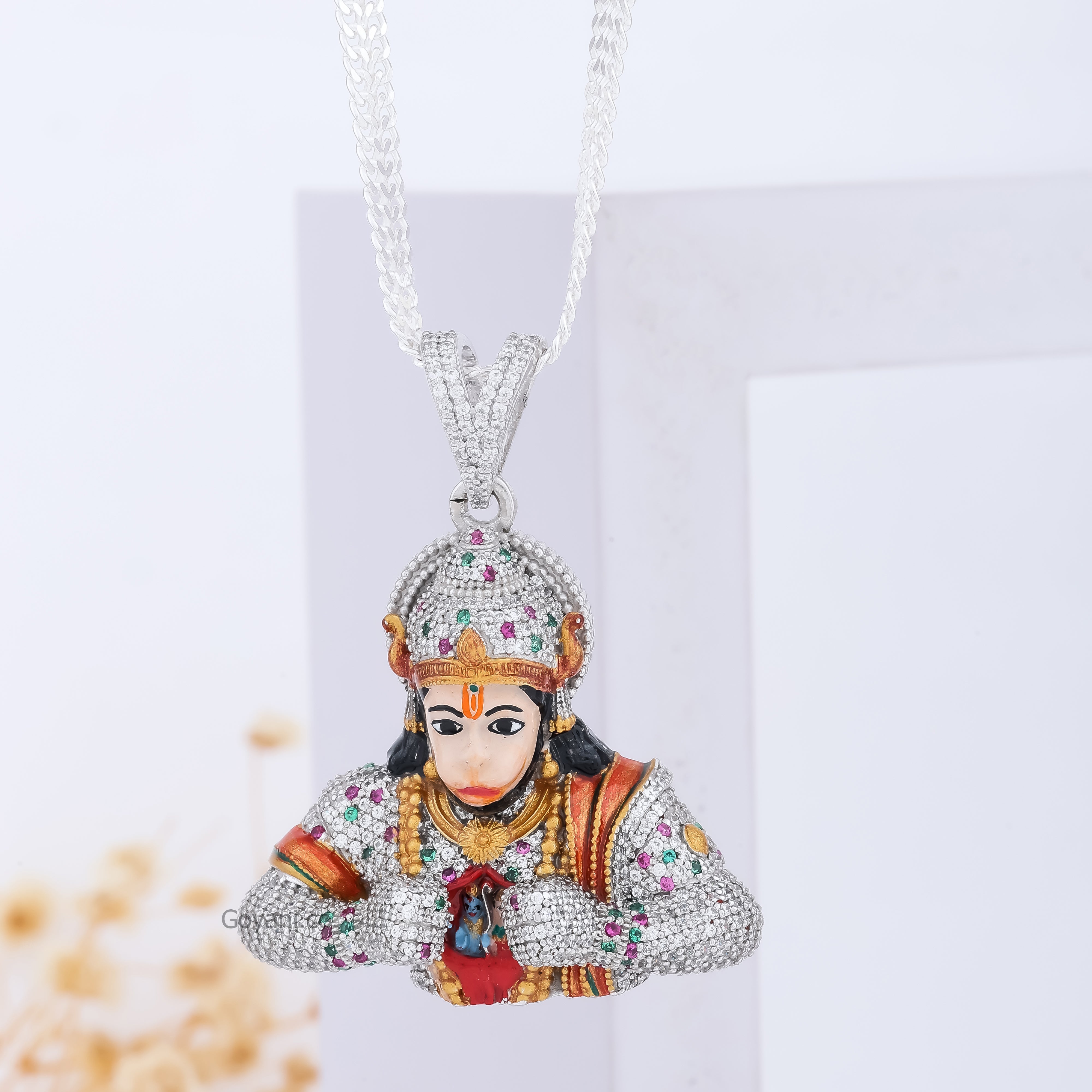 Front view of the iced out Hanumanji pendant in 925 silver, showcasing the full diamond setting and hip hop design. Main image