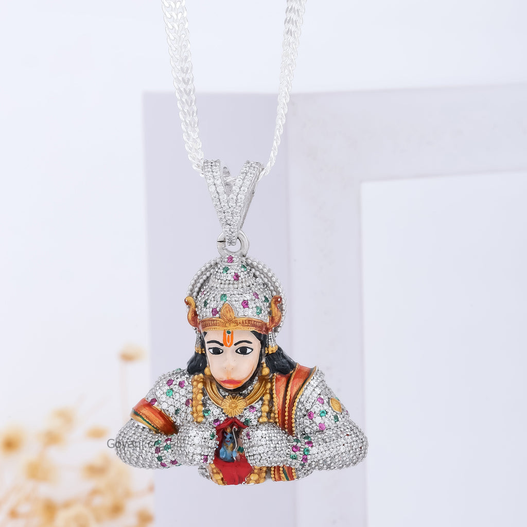 Front view of the iced out Hanumanji pendant in 925 silver, showcasing the full diamond setting and hip hop design.