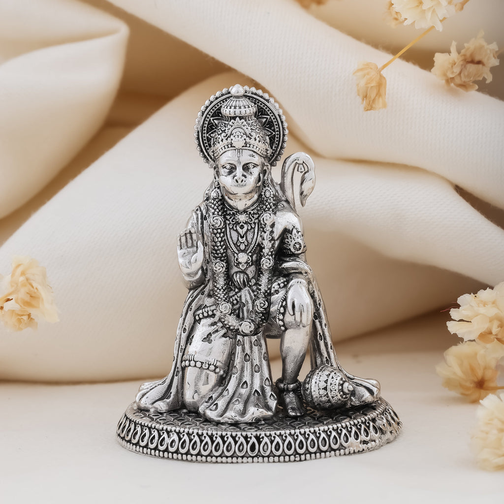 Front view of the 2-inch 925 Silver Hanumanji 3D Idol showcasing its detailed craftsmanship and dynamic pose.