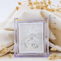 A close-up, angled view of the 7cm 999 pure Silver Lakshmi Maa Stand, highlighting its fine craftsmanship and lustrous