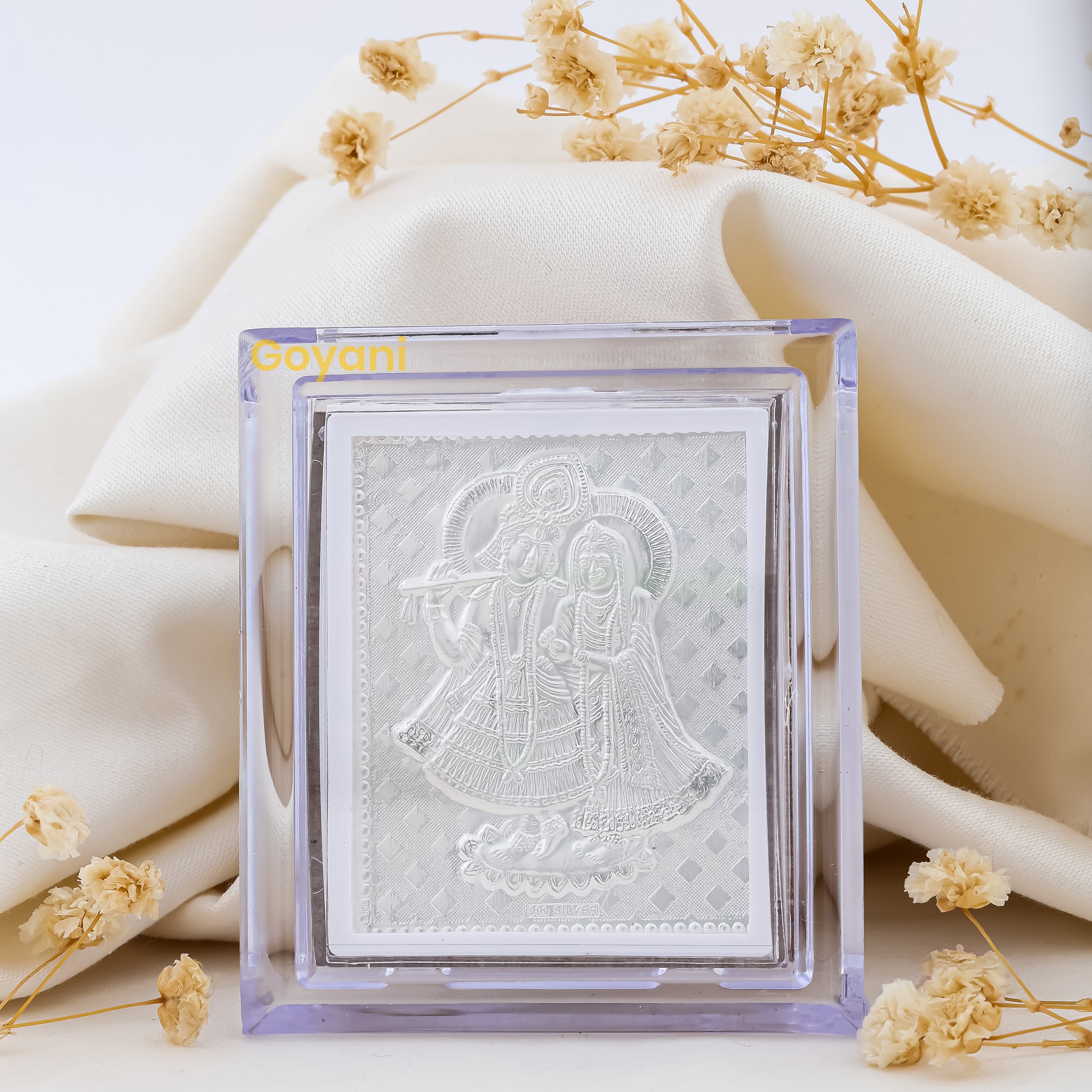 Front view of the 999 pure silver Radha Krishna stand, showcasing the detailed craftsmanship of the divine couple. Main image