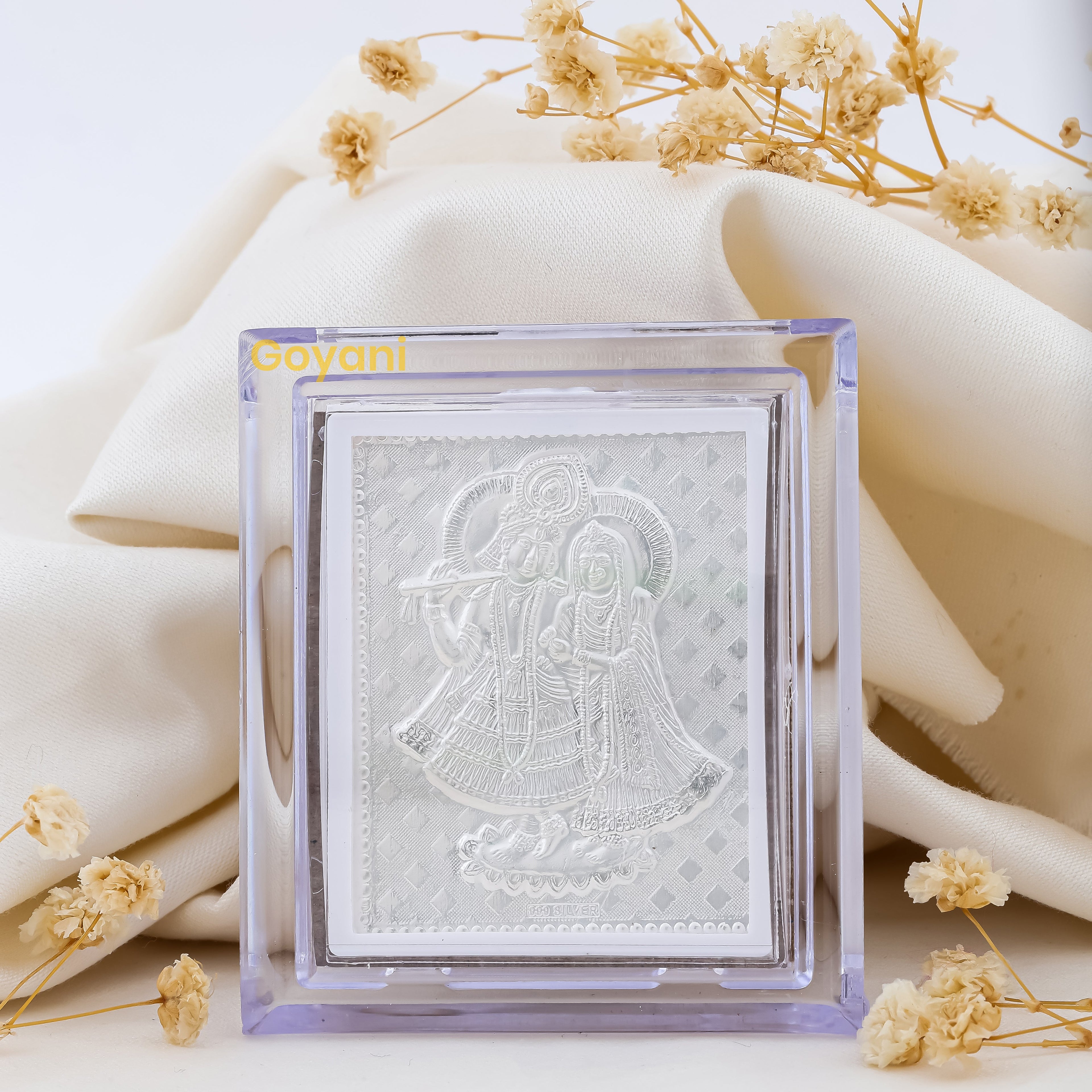 Front view of the 999 pure silver Radha Krishna stand, showcasing the detailed craftsmanship of the divine couple.
