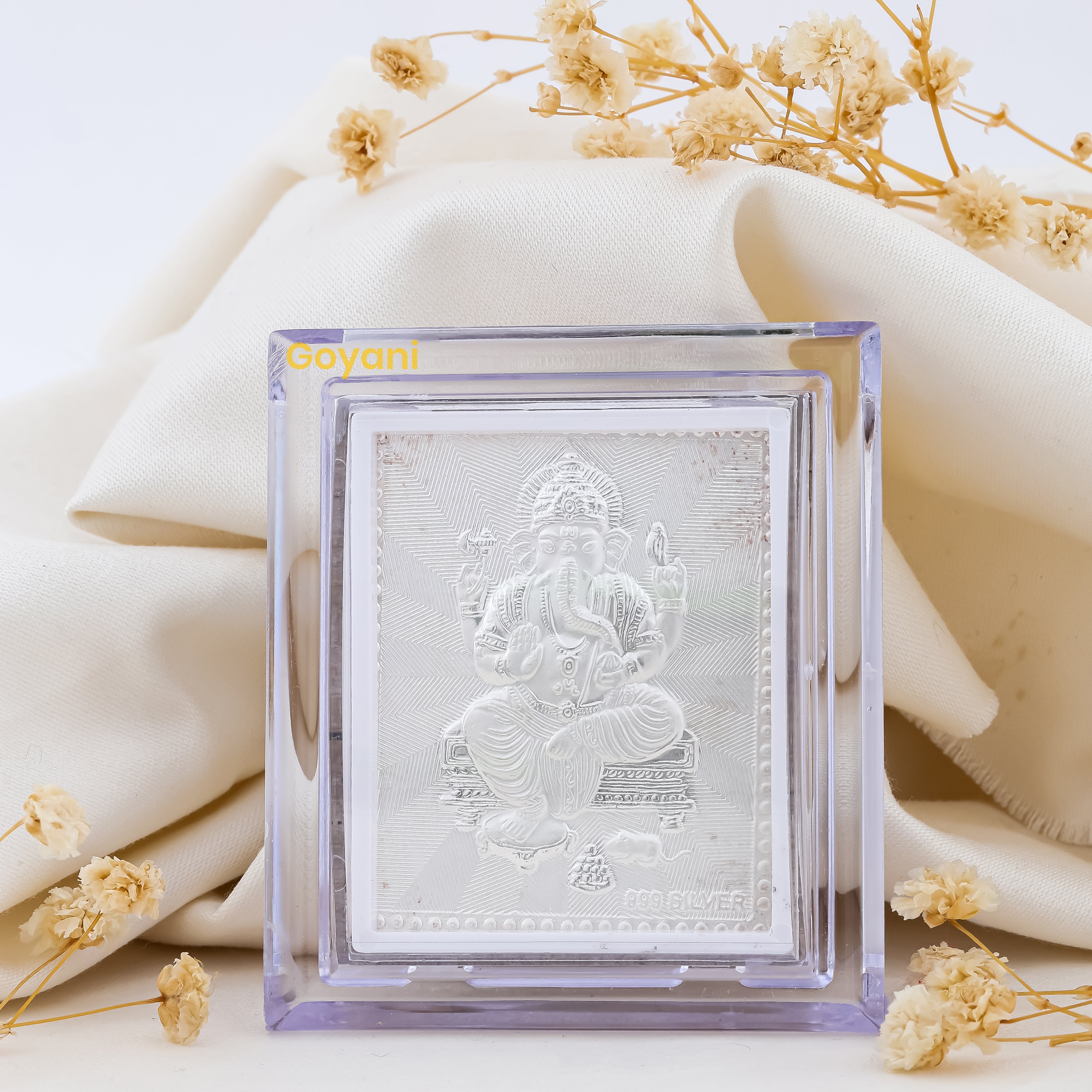 A front view of the 999 pure silver Ganesha stand, showcasing the detailed craftsmanship of the spiritual idol. Main image