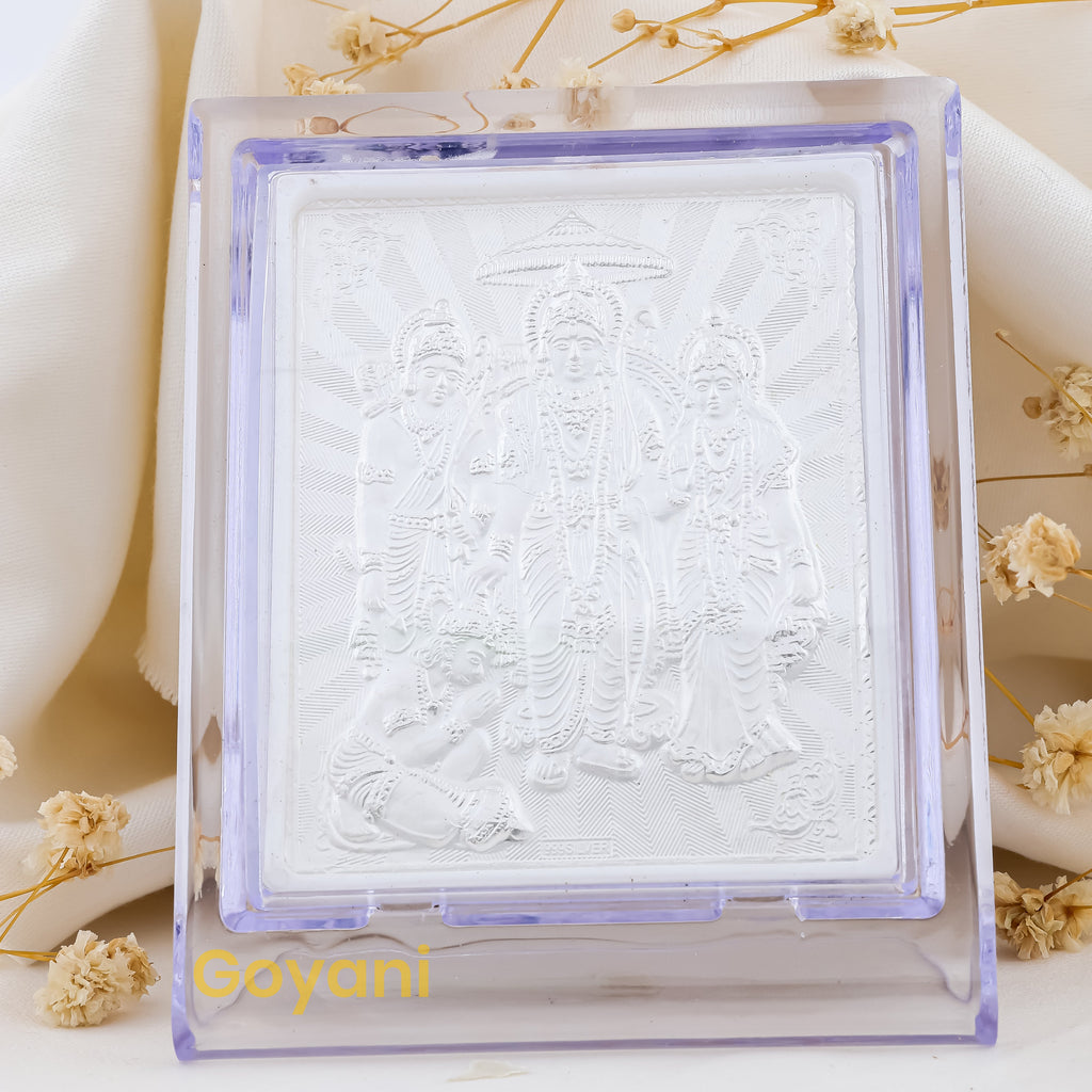 Front view of the 10.5 cm 999 pure silver Ram Darbar stand showing Lord Rama, Sita, Lakshmana, and Hanuman.