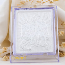 Front view of the 10.5 cm 999 pure silver Ram Darbar stand showing Lord Rama, Sita, Lakshmana, and Hanuman.