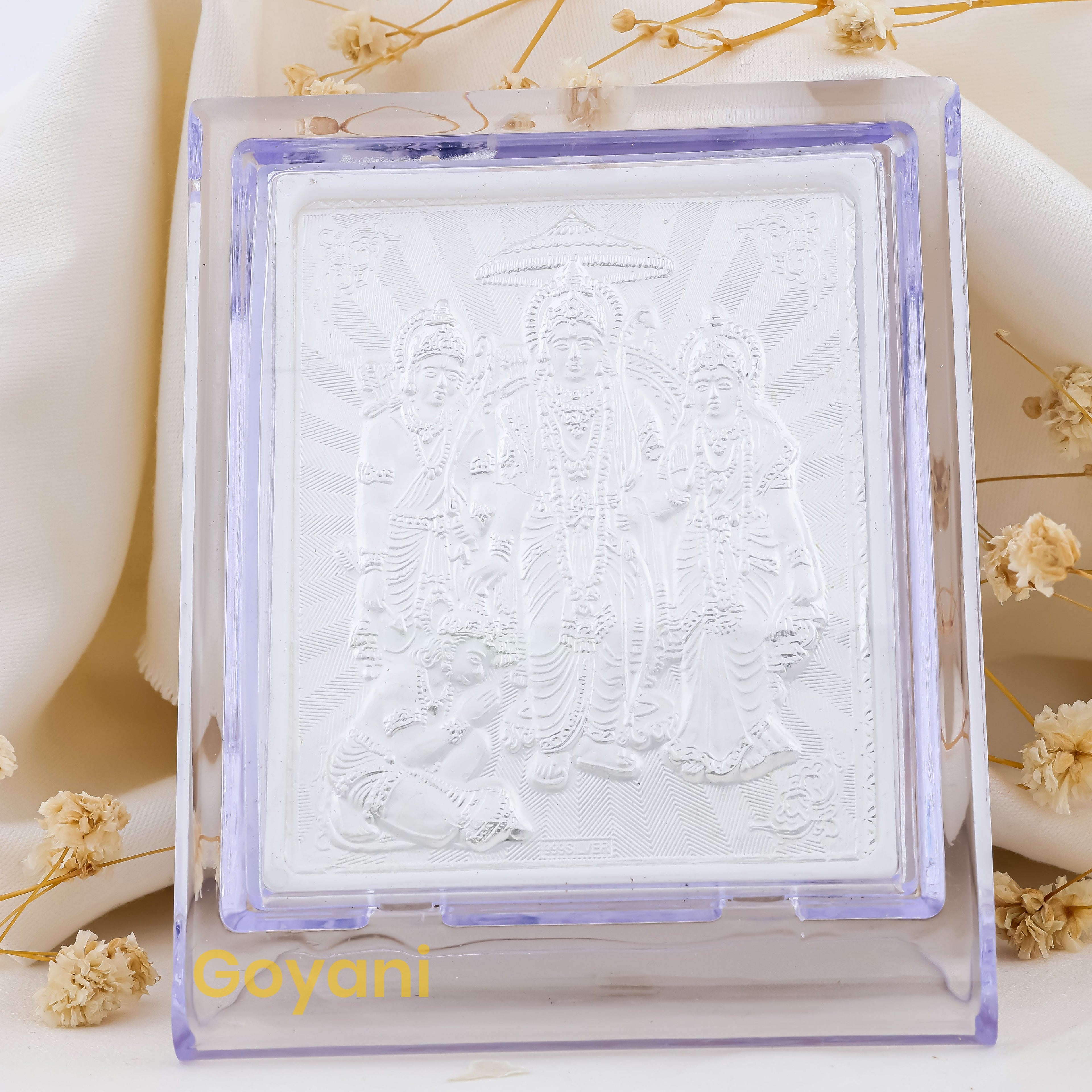 Front view of the 10.5 cm 999 pure silver Ram Darbar stand showing Lord Rama, Sita, Lakshmana, and Hanuman.