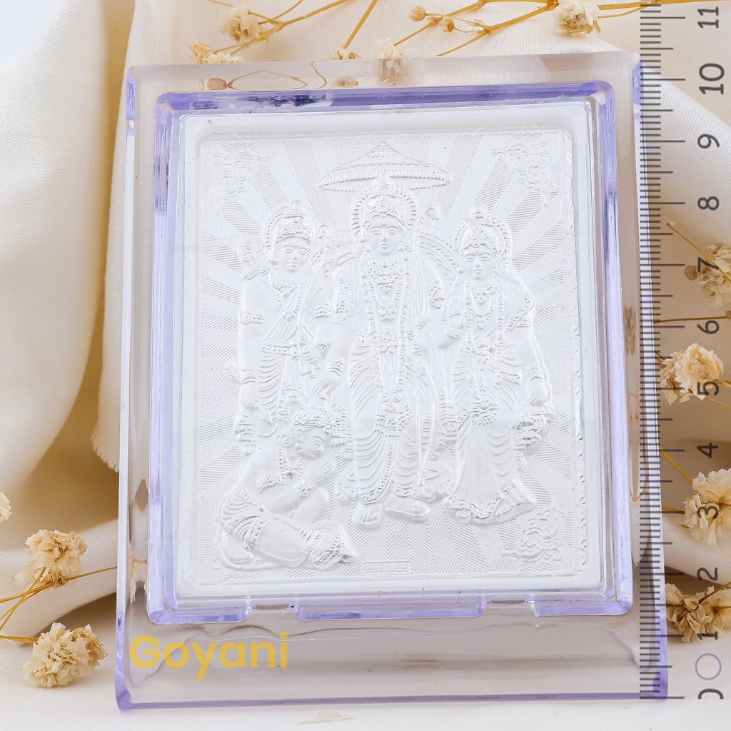 Close-up detail of the intricate craftsmanship on the 999 silver Ram Darbar stand with a high-polished finish.