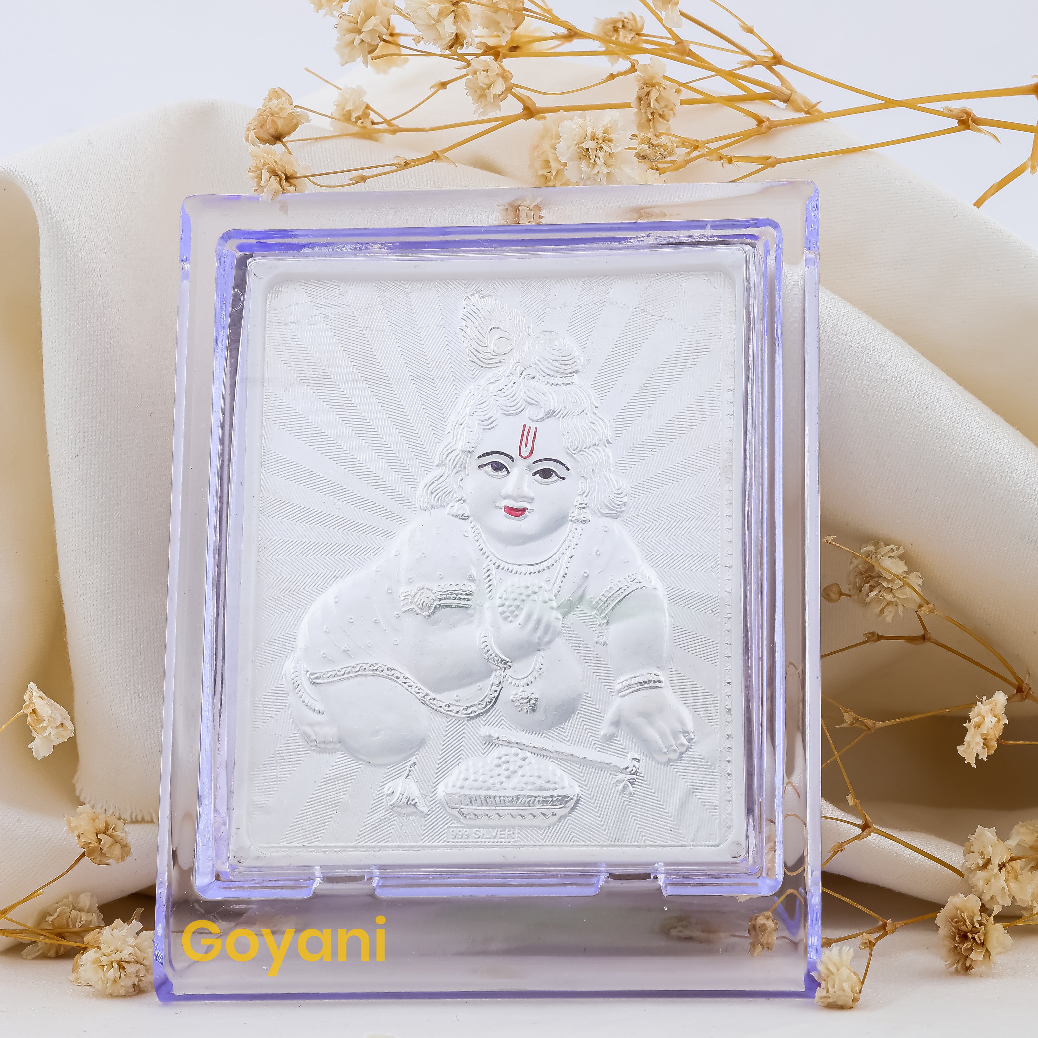 Front view of an intricately crafted 999 silver Laddu Gopal stand, a perfect spiritual gift for home altars. Main image
