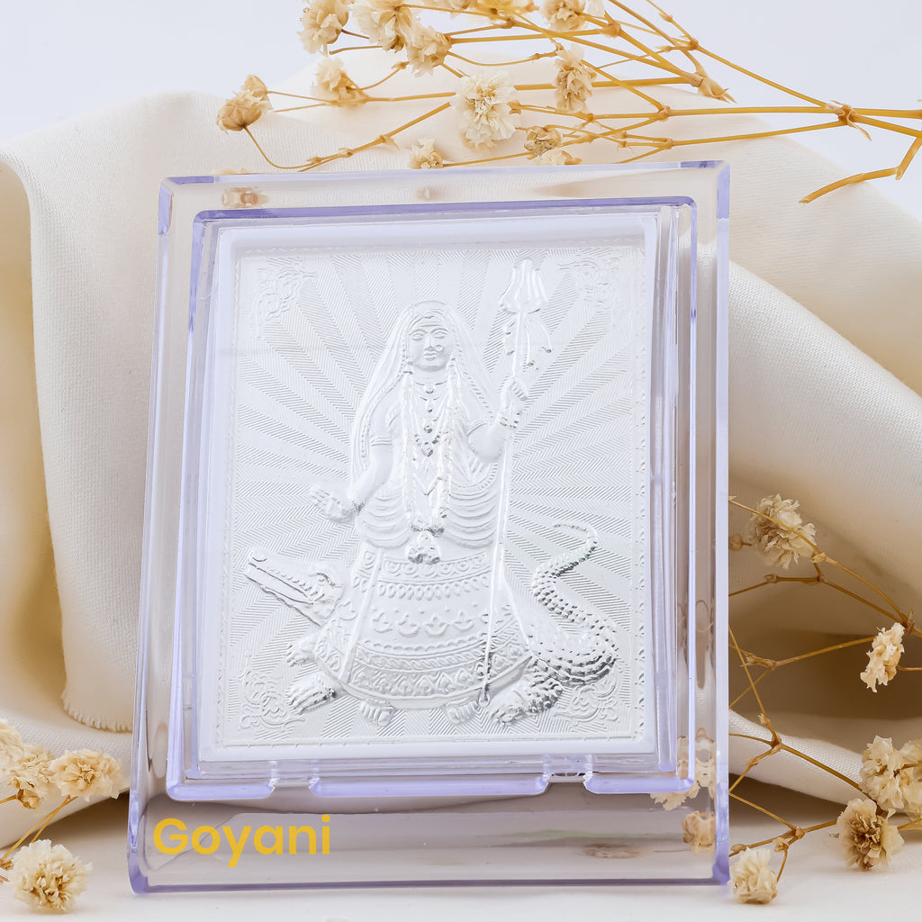 Front view of the 999 pure silver Khodiyar Maa stand, showing the intricate details of the goddess on a polished base.