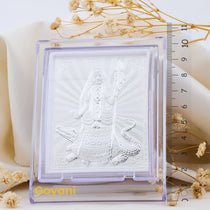 An angled profile of the 10.5 cm Khodiyar Maa stand in 999 pure silver, highlighting its high-polished, reflective finish.