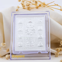 A detailed front view of the 999 pure silver Ganesha idol on a sacred Yantra stand, ideal for home altars.