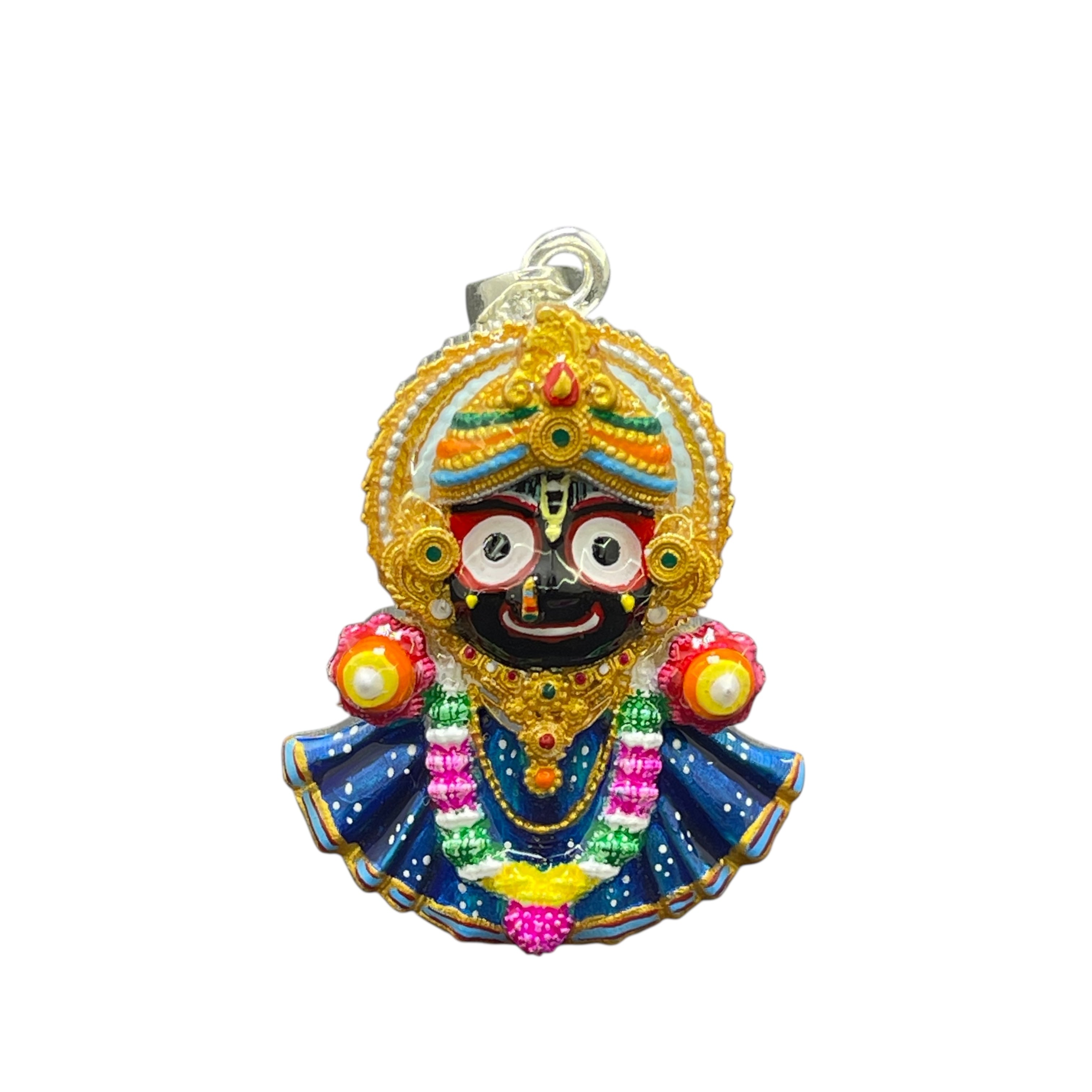 Front view of a 925 silver Jagannath pendant with vibrant red, yellow, and black Meenakari enamel work. Main image
