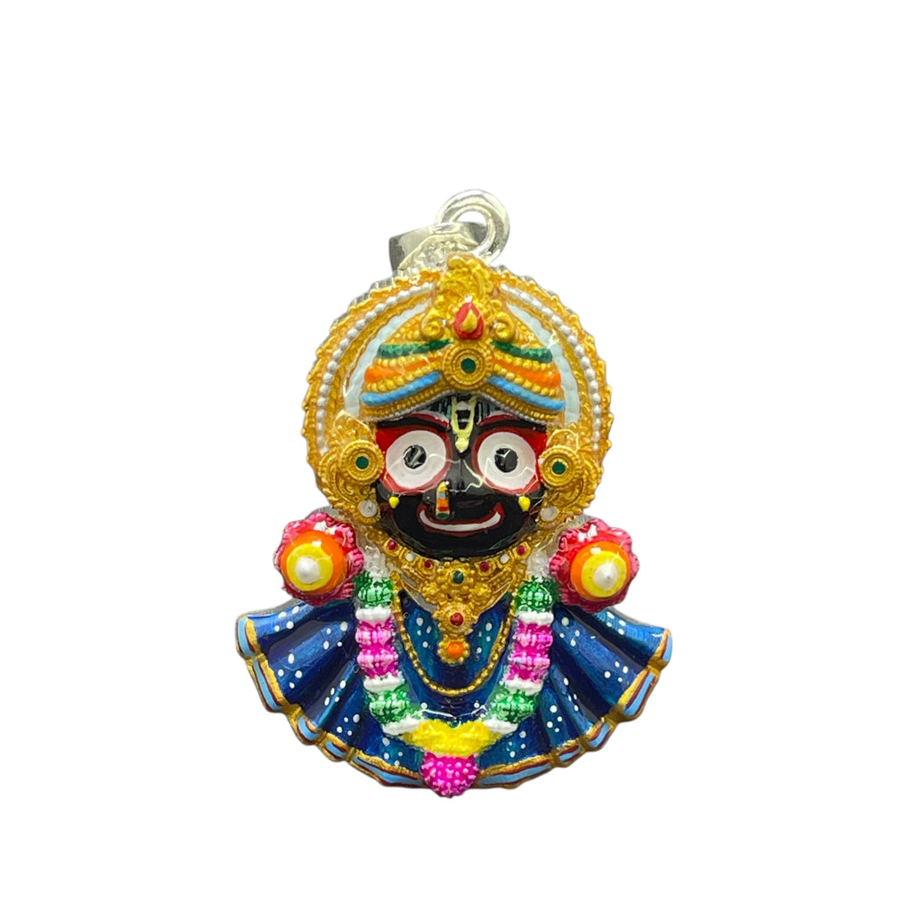 Front view of a 925 silver Jagannath pendant with vibrant red, yellow, and black Meenakari enamel work.