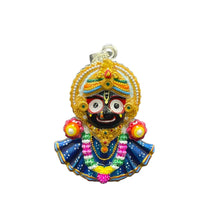 Front view of a 925 silver Jagannath pendant with vibrant red, yellow, and black Meenakari enamel work.