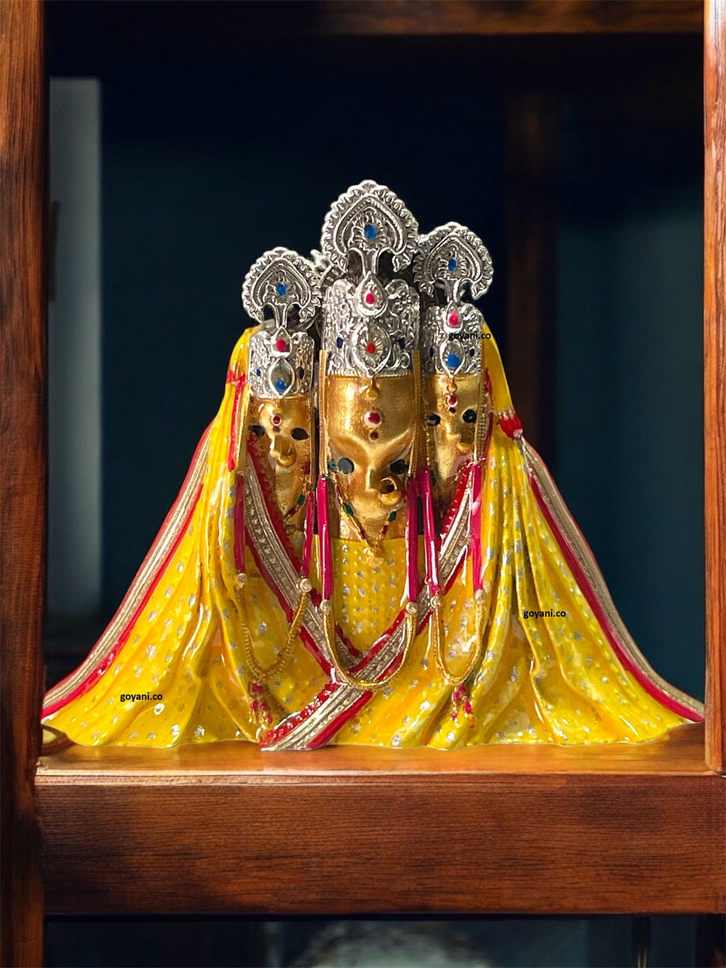 Front view of the 925 sterling silver Pitambara Bagalamukhi Mata idol, showcasing the intricate Mina work.