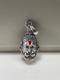 Front view of the intricately detailed 925 oxidised silver Hanumanji face pendant, showcasing its divine craftsmanship.