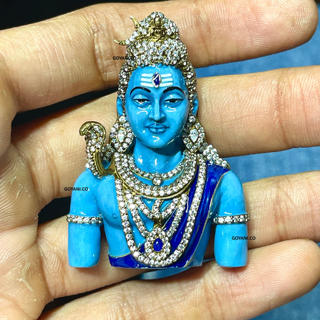 Front view of the 925 Silver Shiva Pendant showcasing the detailed Meena enamel work and central sparkling stone.