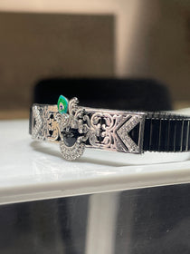 Angled perspective of the 925 Silver Shrinathji Bracelet, showing the sparkle of the embedded cubic zirconia stones.