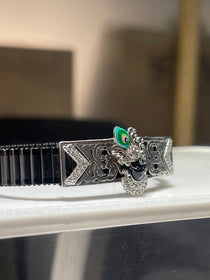 Close-up detail of the Shrinathji face on the 925 silver bracelet, showcasing the intricate Meena enamel artistry.