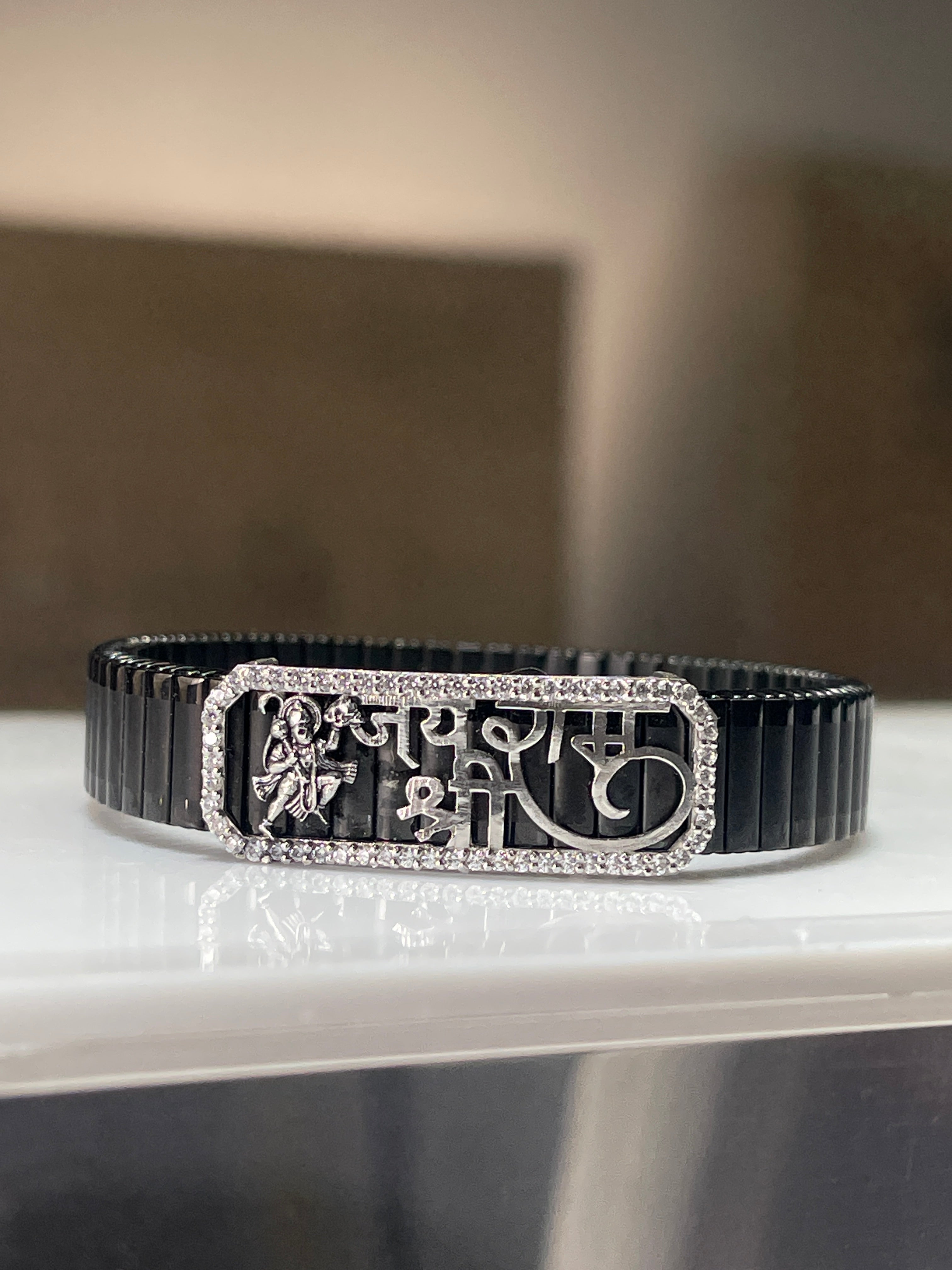 Front view of the 925 Silver Hanuman Ji Bracelet with Jai Shree Ram engraving and sparkling CZ diamond details.