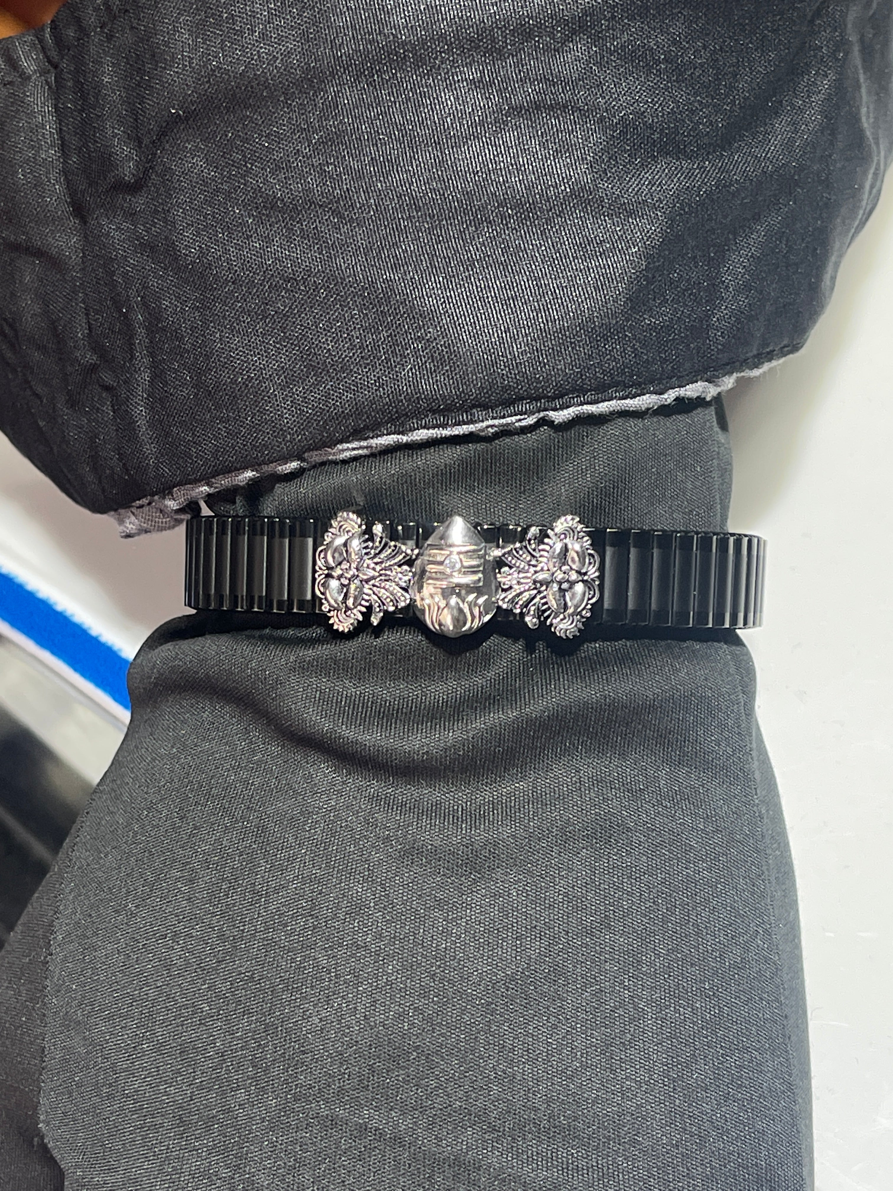 The Murugan Vel bracelet for men styled for daily wear, a piece of powerful Hindu spiritual jewelry from Alankar.