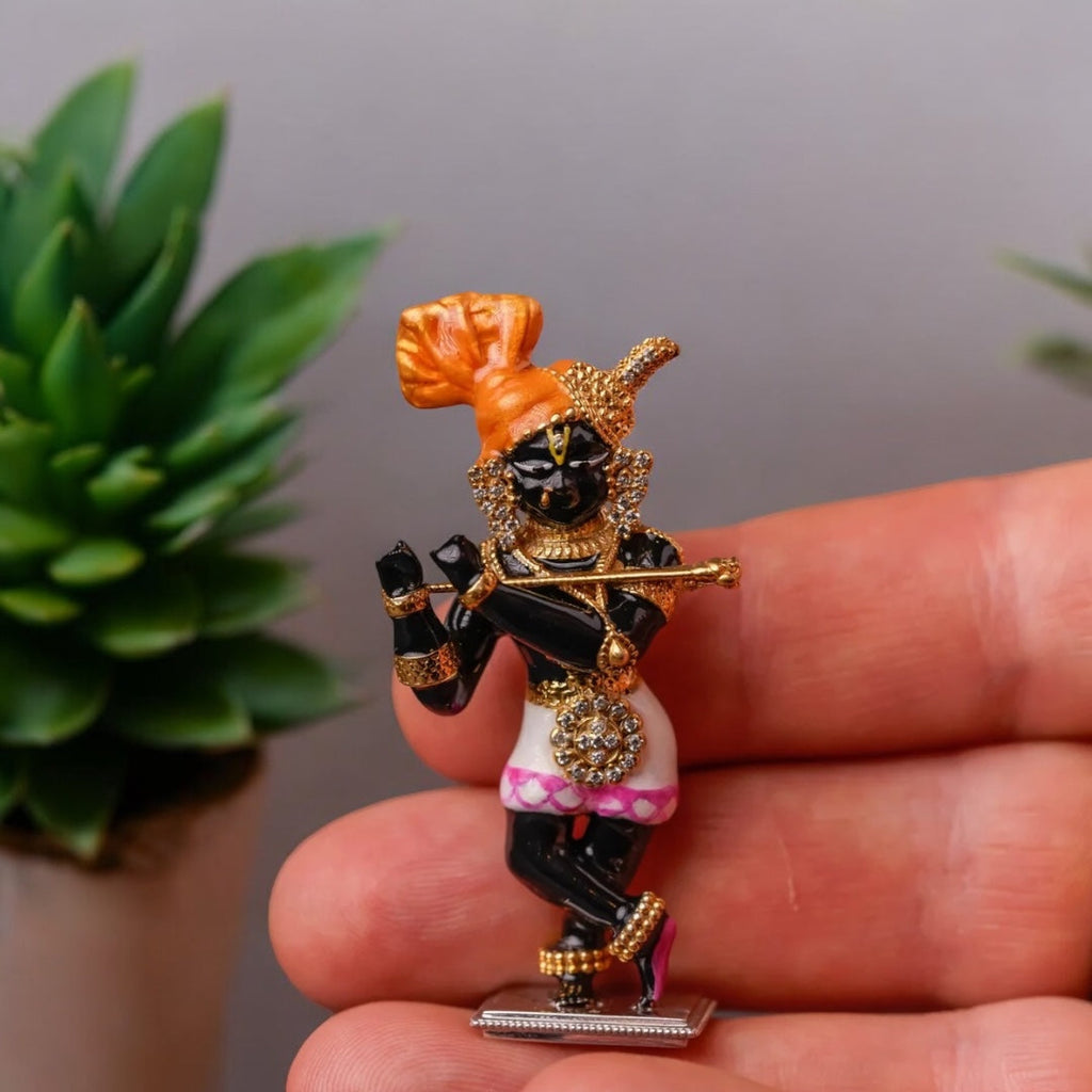 A beautiful 925 silver Radha Raman idol placed in a home temple setting, radiating peace and blessings for daily worship.
