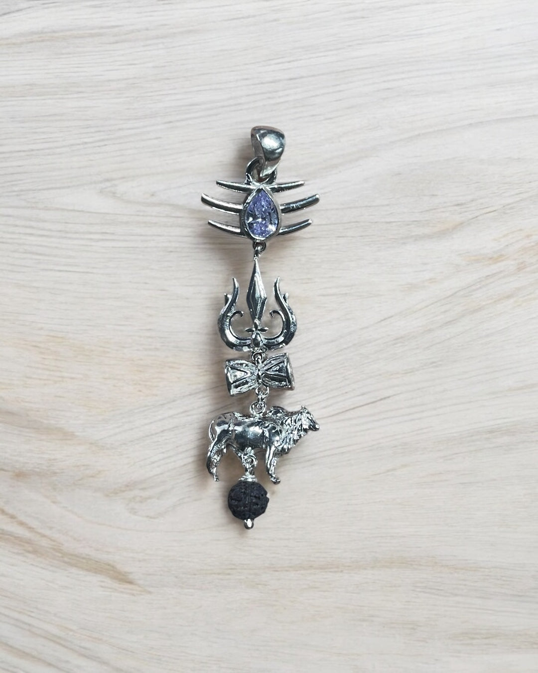 Front view of the 925 sterling silver Shiva pendant featuring a detailed Trishul, Damru, and Nandi bull. Main image