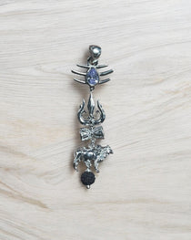 Front view of the 925 sterling silver Shiva pendant featuring a detailed Trishul, Damru, and Nandi bull.