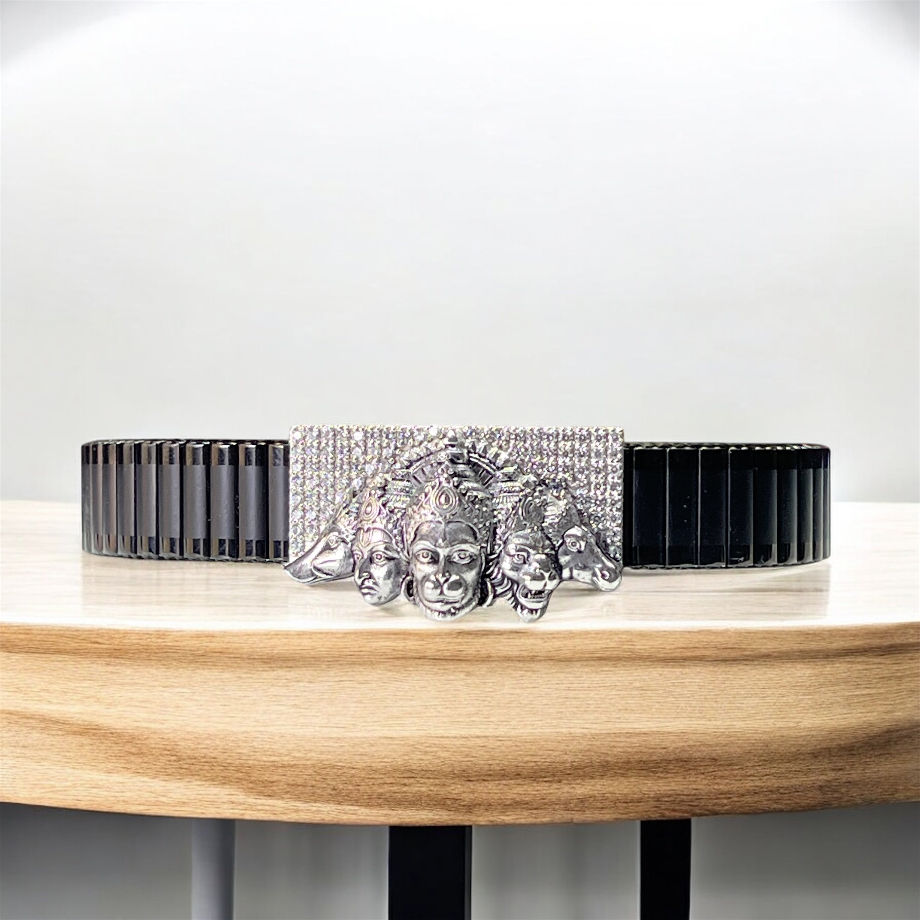 Front view of the 925 Silver Panchmukhi Hanuman Bracelet with black stainless steel strap. Main image