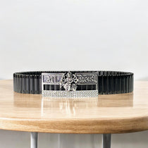 Front view of the 925 Silver Meldi Maa Bracelet with stone-studded detailing on a black stainless steel strap.