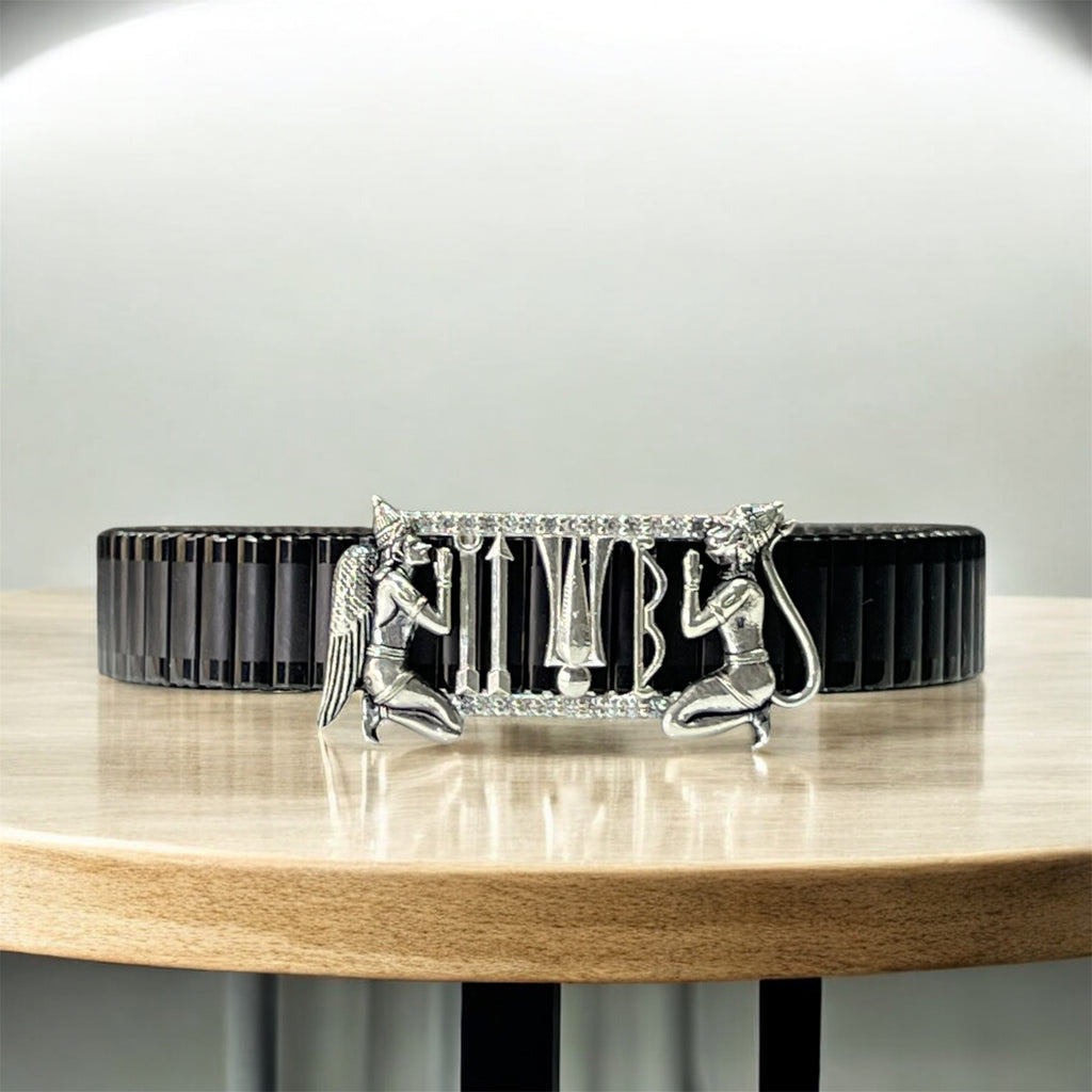 Front view of the 925 Silver Tirupati Balaji Tilak Bracelet on a black stainless-steel strap.