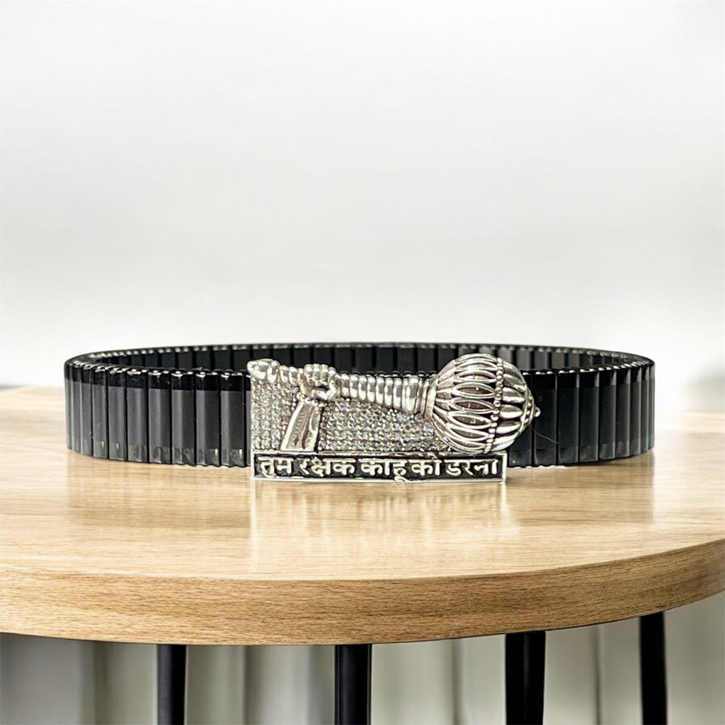 Front view of the 925 Silver Hanuman Gada Bracelet showing the engraved mantra and black steel strap.